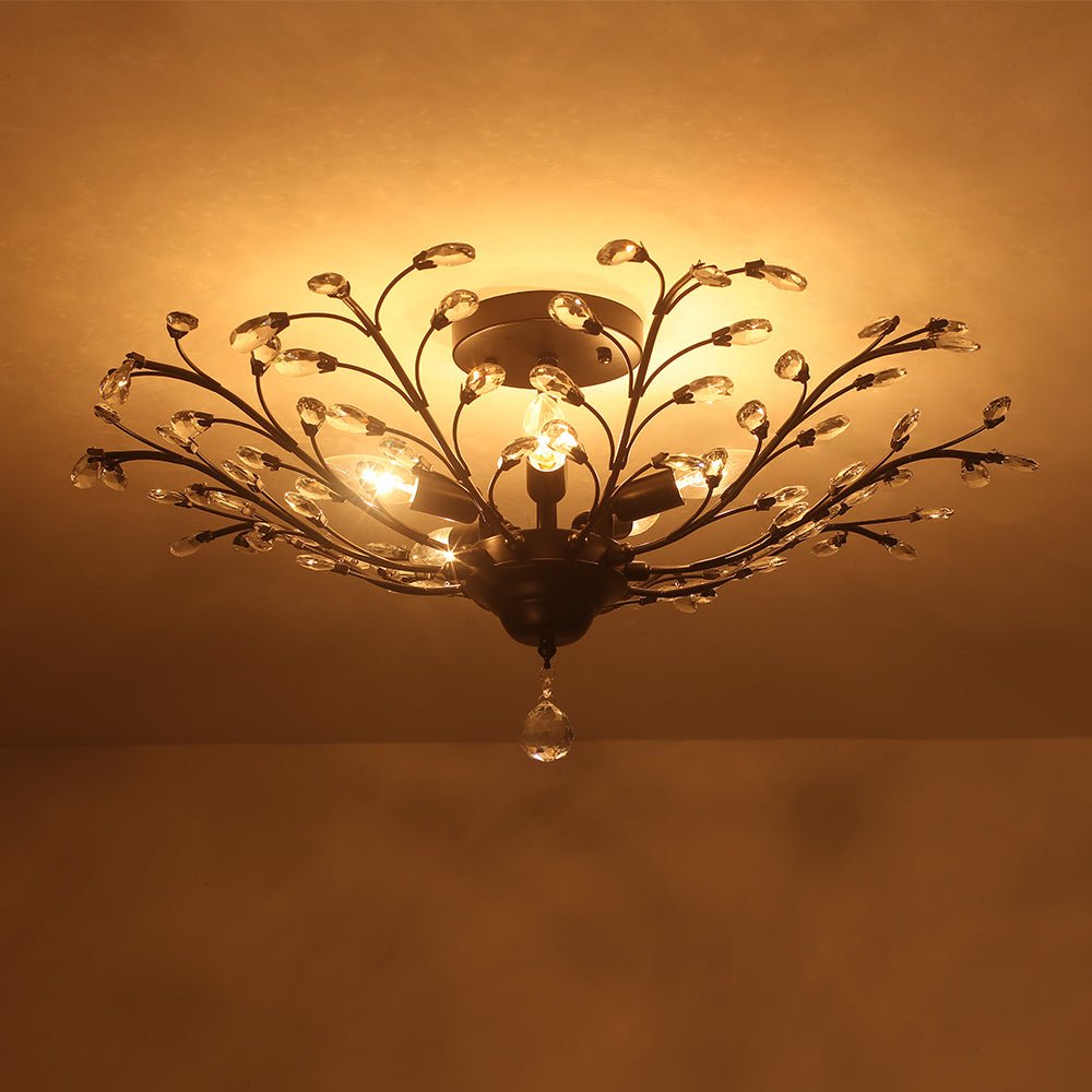 Art Deco Vintage 5 - Light Flower Basket Crystal Semi Flush Mount Ceiling Light - LightfixturesUAE
