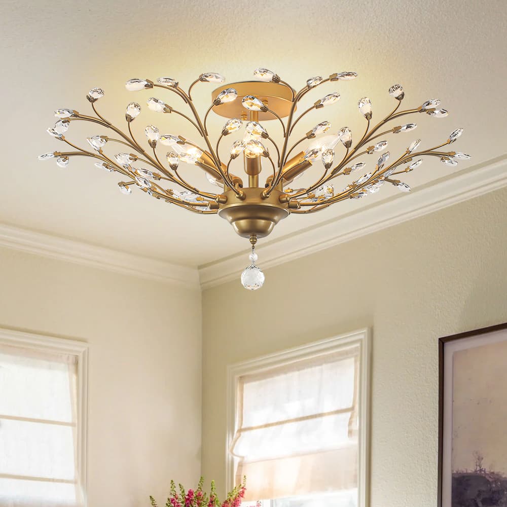 Art Deco Vintage 5 - Light Flower Basket Crystal Semi Flush Mount Ceiling Light - LightfixturesUAE