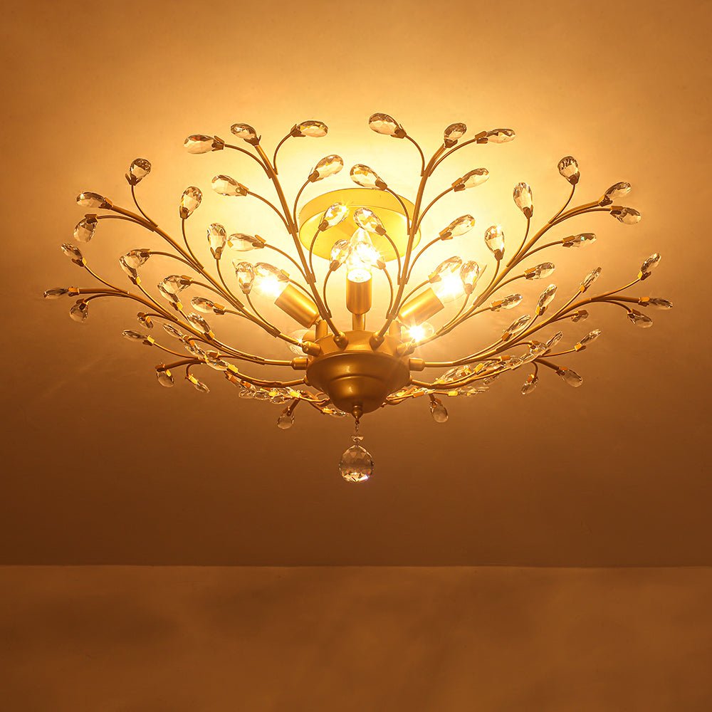 Art Deco Vintage 5 - Light Flower Basket Crystal Semi Flush Mount Ceiling Light - LightfixturesUAE