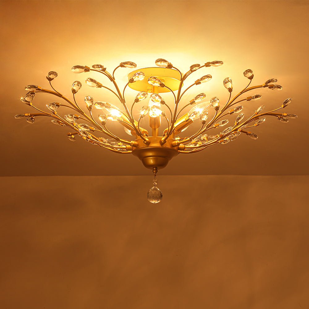 Art Deco Vintage 5 - Light Flower Basket Crystal Semi Flush Mount Ceiling Light - LightfixturesUAE