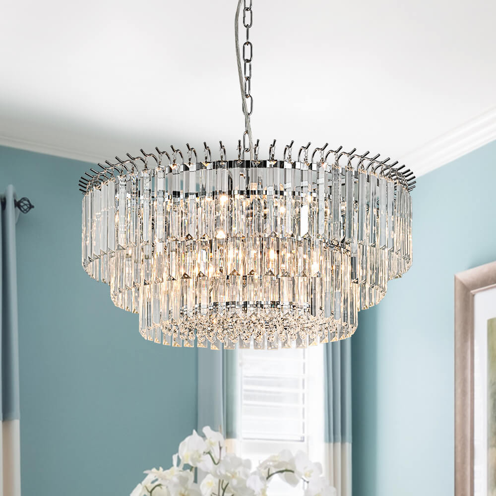 Bauhaus 9 - Light Round Drum Tiered Crystal Chandelier - LightfixturesUAE