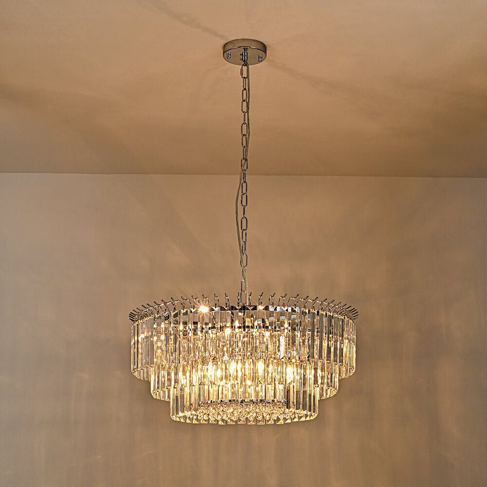 Bauhaus 9 - Light Round Drum Tiered Crystal Chandelier - LightfixturesUAE