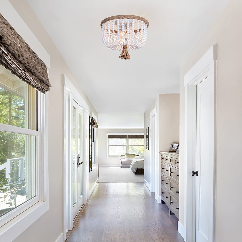 Coastal Wood Beaded Flush Mount Ceiling Light - LightfixturesUAE