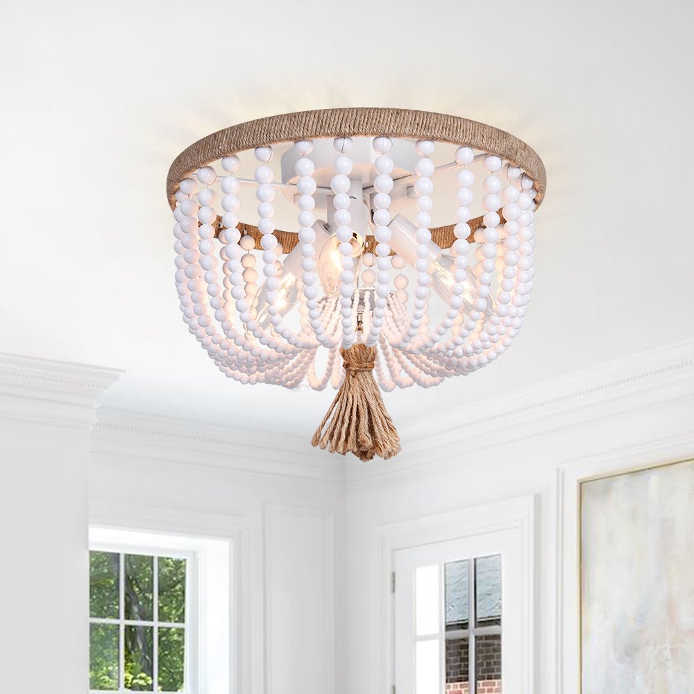 Coastal Wood Beaded Flush Mount Ceiling Light - LightfixturesUAE