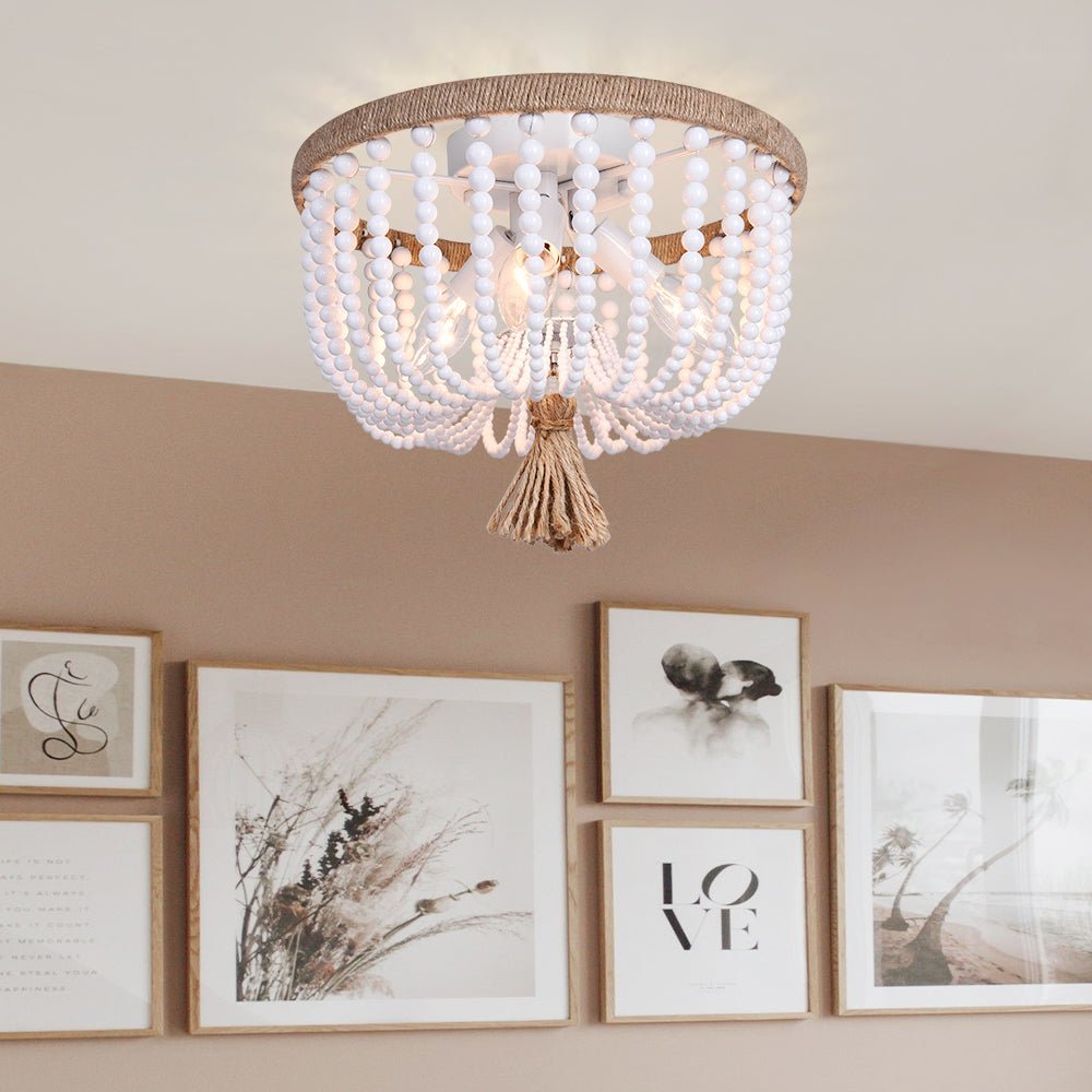 Coastal Wood Beaded Flush Mount Ceiling Light - LightfixturesUAE