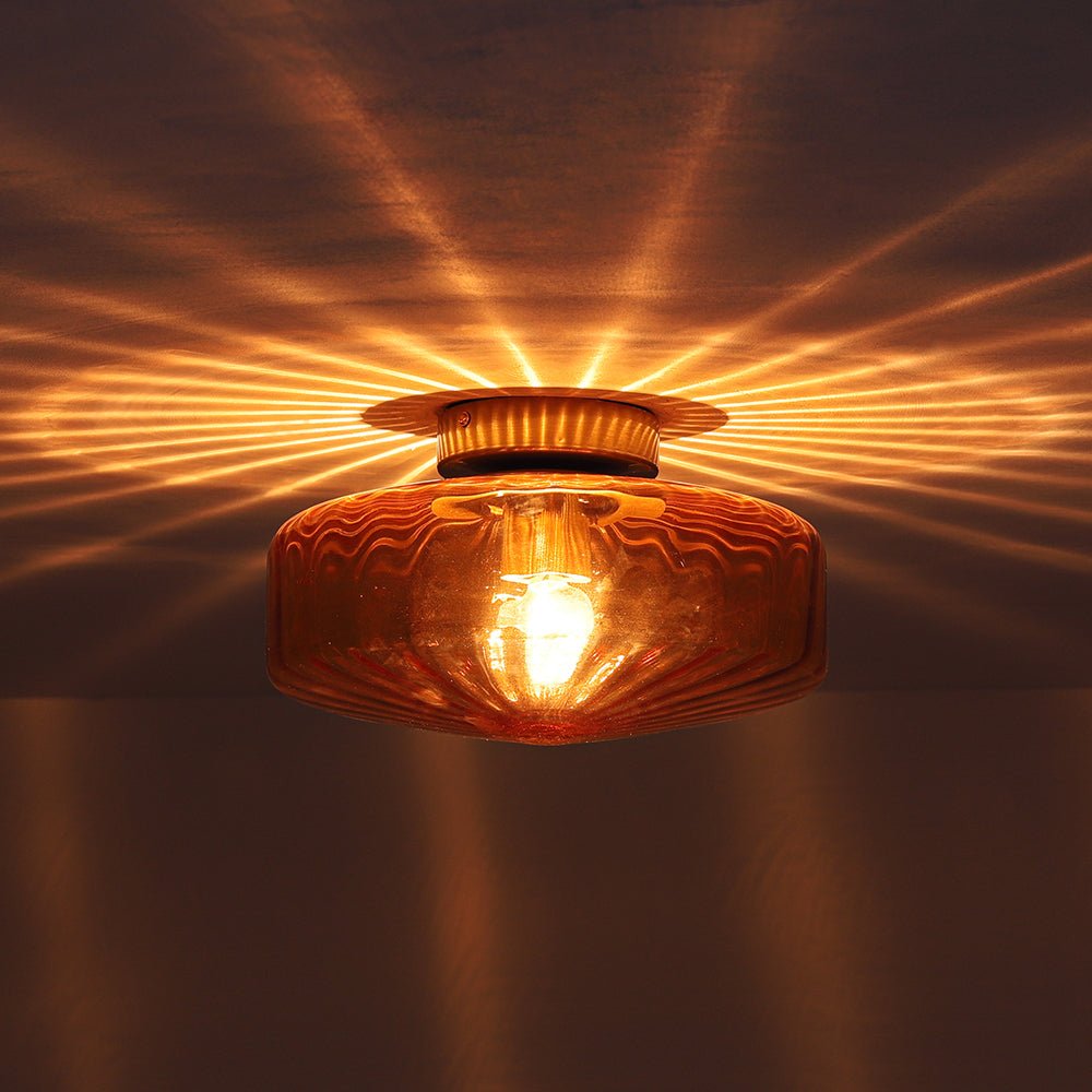 LightfixturesUAE-1-light Amber Rippled Glass Drum Semi Flush Mount-Ceiling Lights-Amber-