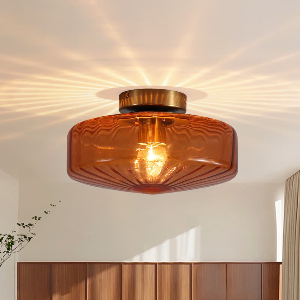 LightfixturesUAE-1-light Amber Rippled Glass Drum Semi Flush Mount-Ceiling Lights-Amber-