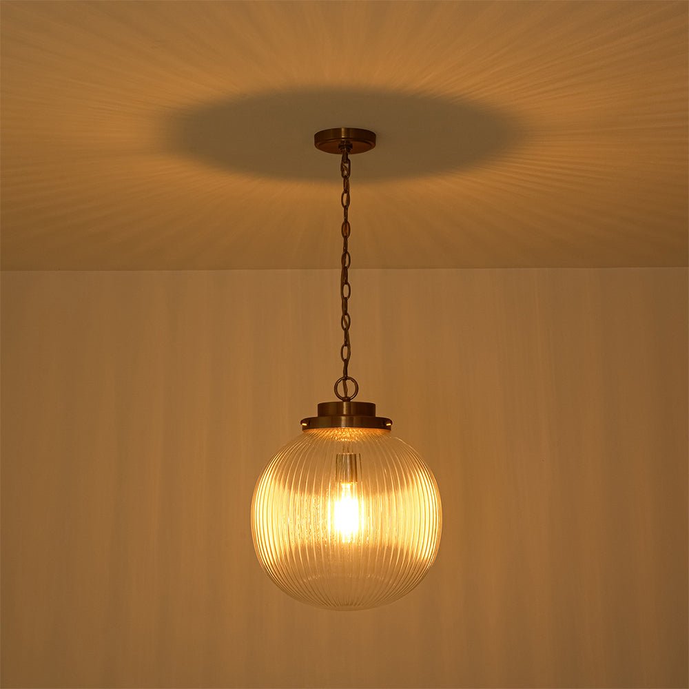 LightfixturesUAE-1-Light Mid-Century Brushed Brass Ripple Glass Globe Pendant Light-Pendant Lights-Brushed Brass-