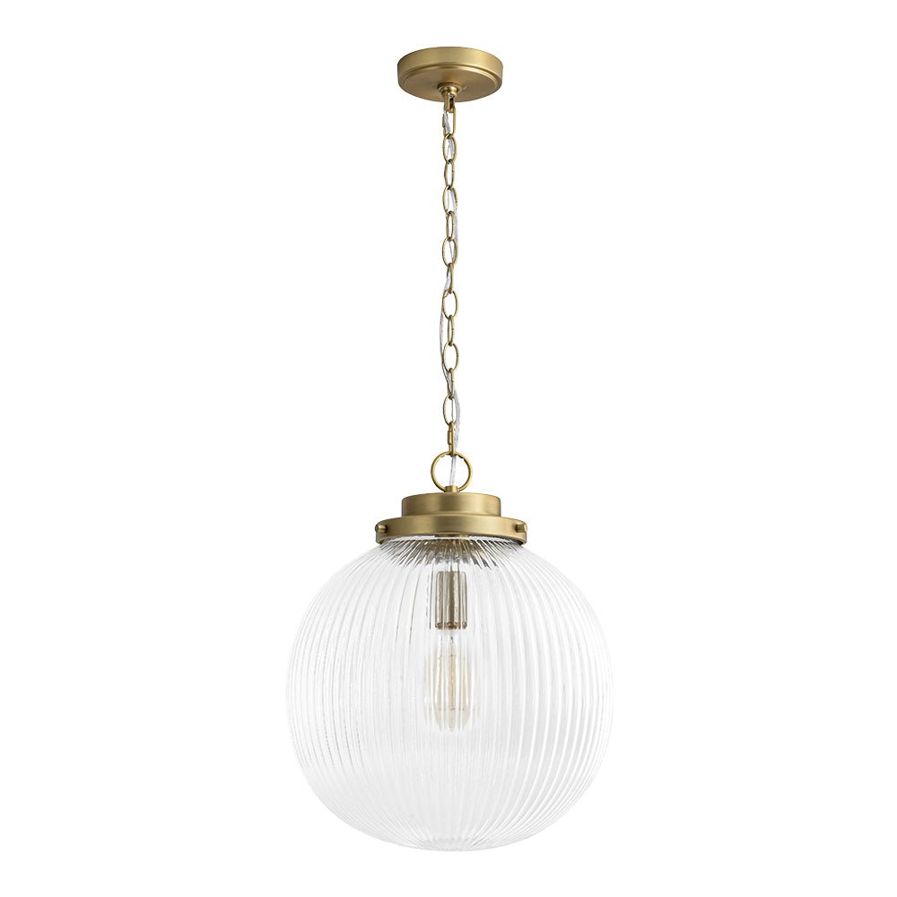 LightfixturesUAE-1-Light Mid-Century Brushed Brass Ripple Glass Globe Pendant Light-Pendant Lights-Brushed Brass-