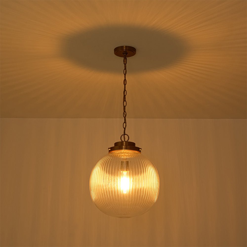LightfixturesUAE-1-Light Mid-Century Brushed Brass Ripple Glass Globe Pendant Light-Pendant Lights-Brushed Brass-