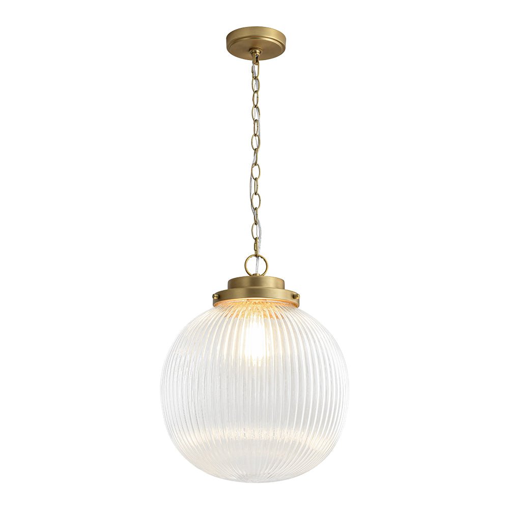 LightfixturesUAE-1-Light Mid-Century Brushed Brass Ripple Glass Globe Pendant Light-Pendant Lights-Brushed Brass-