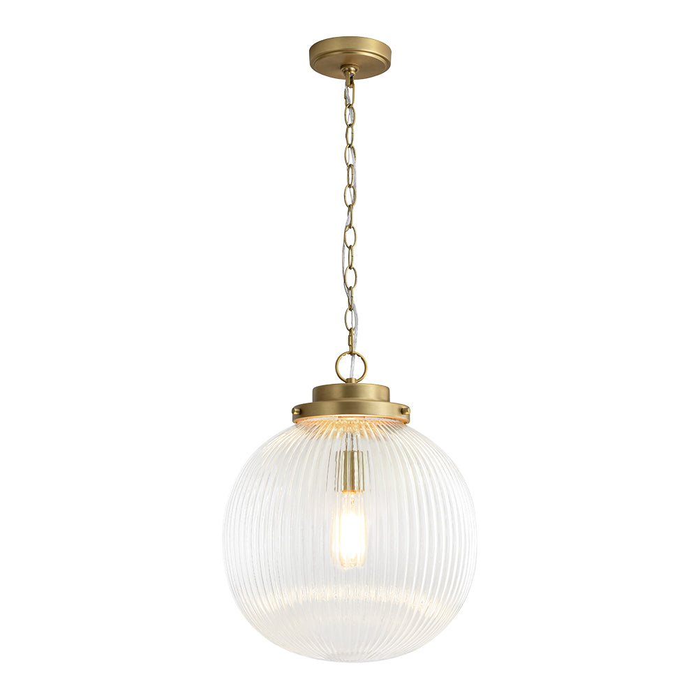 LightfixturesUAE-1-Light Mid-Century Brushed Brass Ripple Glass Globe Pendant Light-Pendant Lights-Brushed Brass-
