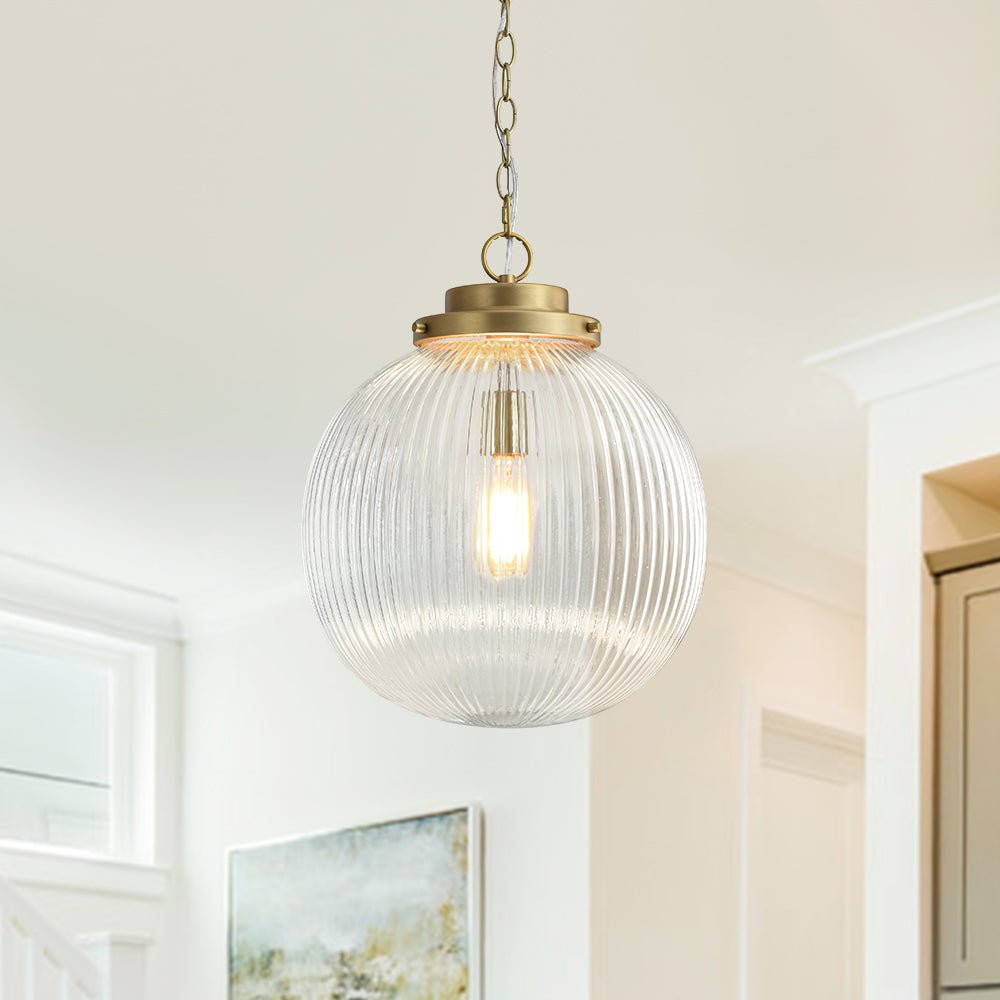 LightfixturesUAE-1-Light Mid-Century Brushed Brass Ripple Glass Globe Pendant Light-Pendant Lights-Brushed Brass-