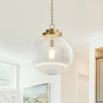 LightfixturesUAE-1-Light Mid-Century Brushed Brass Ripple Glass Globe Pendant Light-Pendant Lights-Brushed Brass-