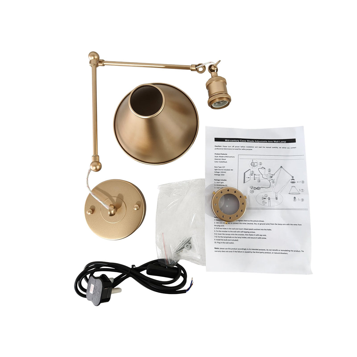 LightfixturesUAE-1-Light Modern Swing Arm Conical Wall Sconce-Wall Lights-Black-