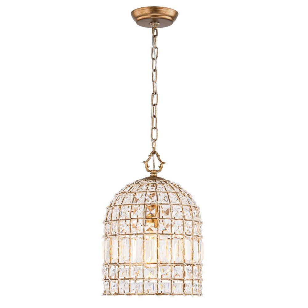 LightfixturesUAE-1-Light Retro French K9 Crystal Metal Bell-Shaped Pendant Light-Pendant Lights-Gold-