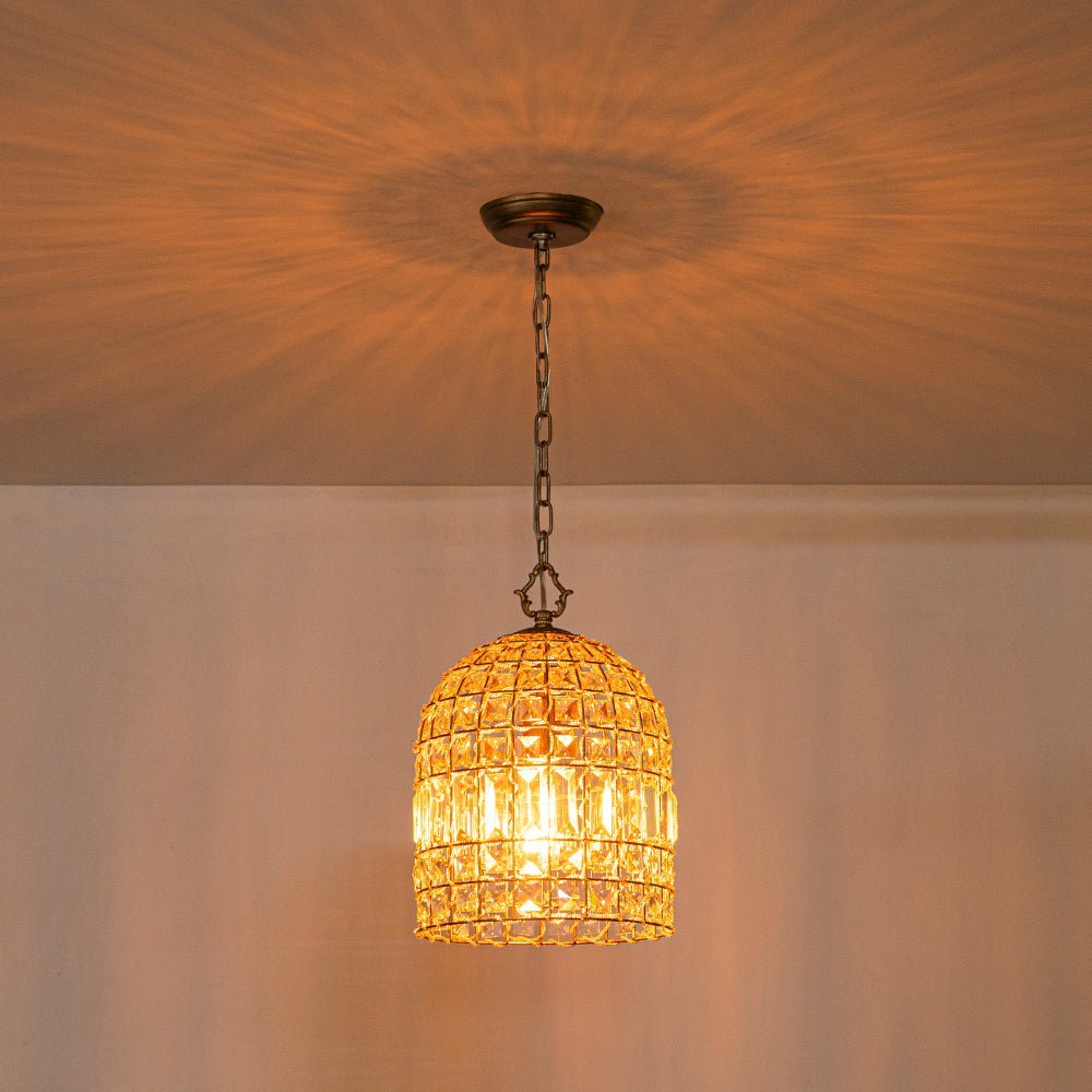 LightfixturesUAE-1-Light Retro French K9 Crystal Metal Bell-Shaped Pendant Light-Pendant Lights-Gold-
