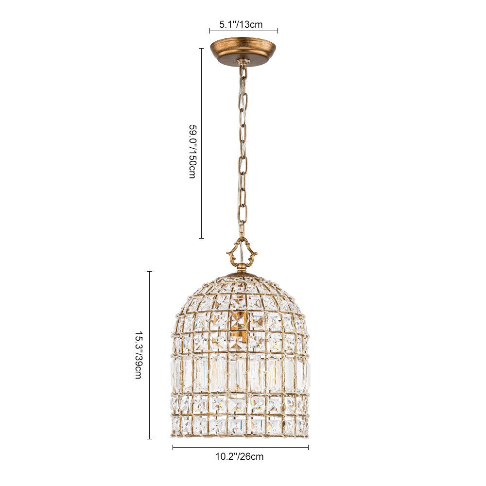 LightfixturesUAE-1-Light Retro French K9 Crystal Metal Bell-Shaped Pendant Light-Pendant Lights-Gold-