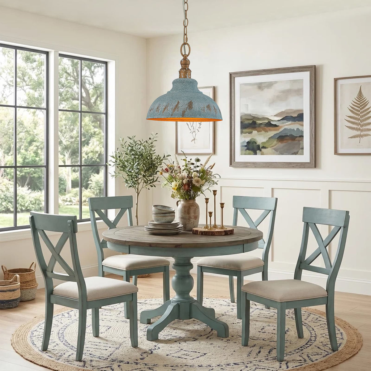 LightfixturesUAE-1-Light Rustic Aged Patina Iron Peacock Blue Dome Pendant Light-Pendant Lights-Large-