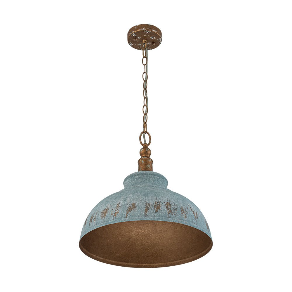 LightfixturesUAE-1-Light Rustic Aged Patina Iron Peacock Blue Dome Pendant Light-Pendant Lights-Small-
