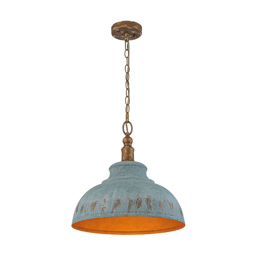 LightfixturesUAE-1-Light Rustic Aged Patina Iron Peacock Blue Dome Pendant Light-Pendant Lights-Small-