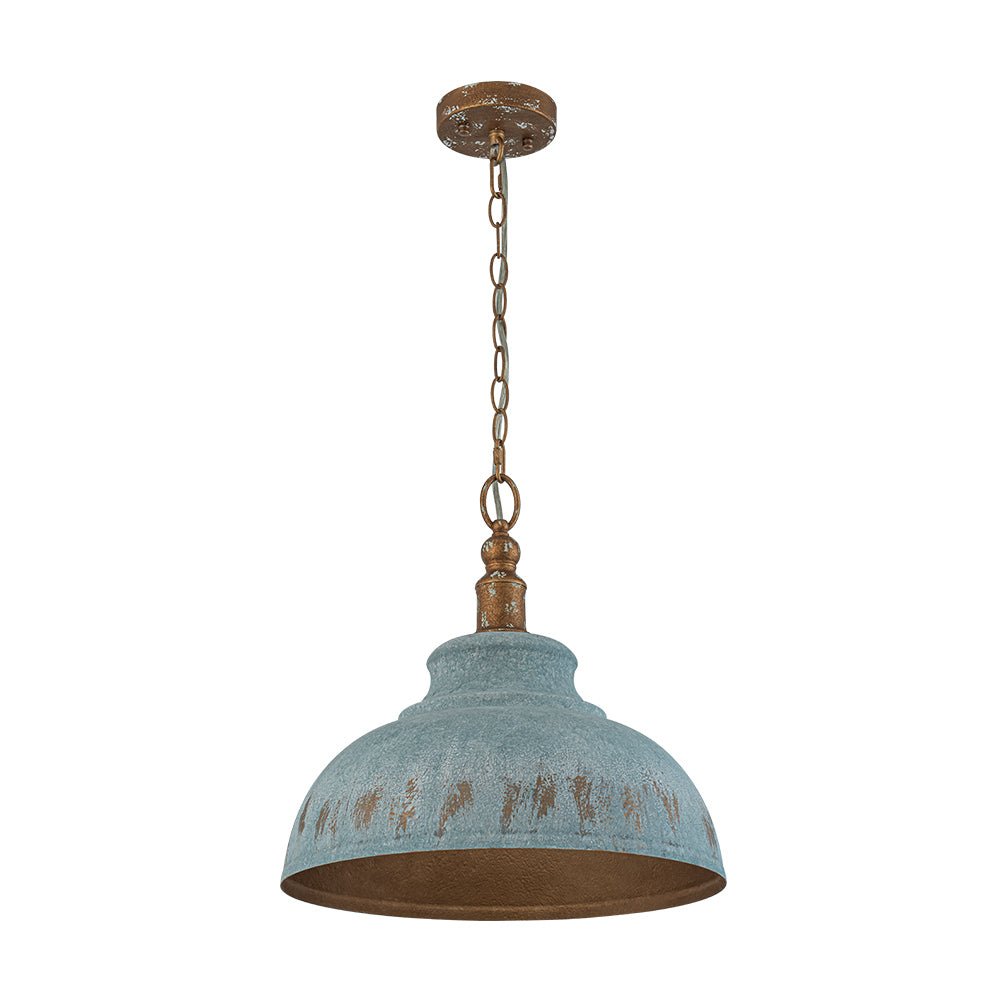 LightfixturesUAE-1-Light Rustic Aged Patina Iron Peacock Blue Dome Pendant Light-Pendant Lights-Small-