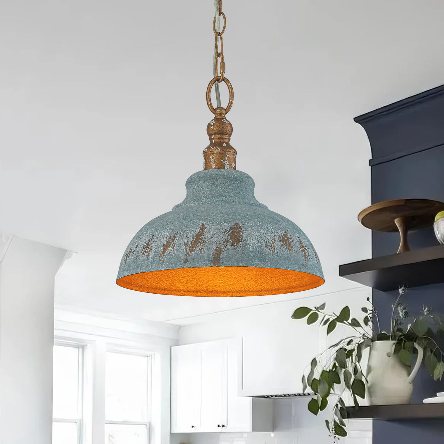 LightfixturesUAE-1-Light Rustic Aged Patina Iron Peacock Blue Dome Pendant Light-Pendant Lights-Small-