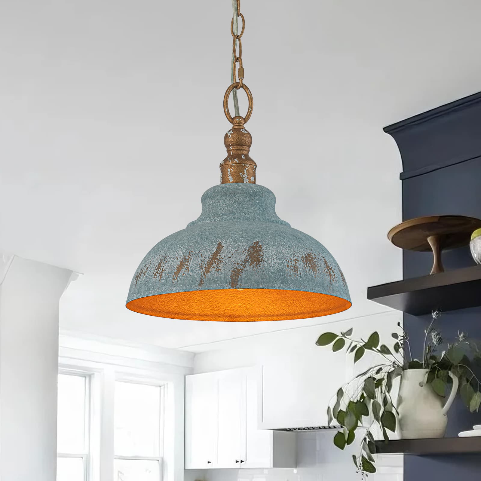 LightfixturesUAE-1-Light Rustic Aged Patina Iron Peacock Blue Dome Pendant Light-Pendant Lights-Small-