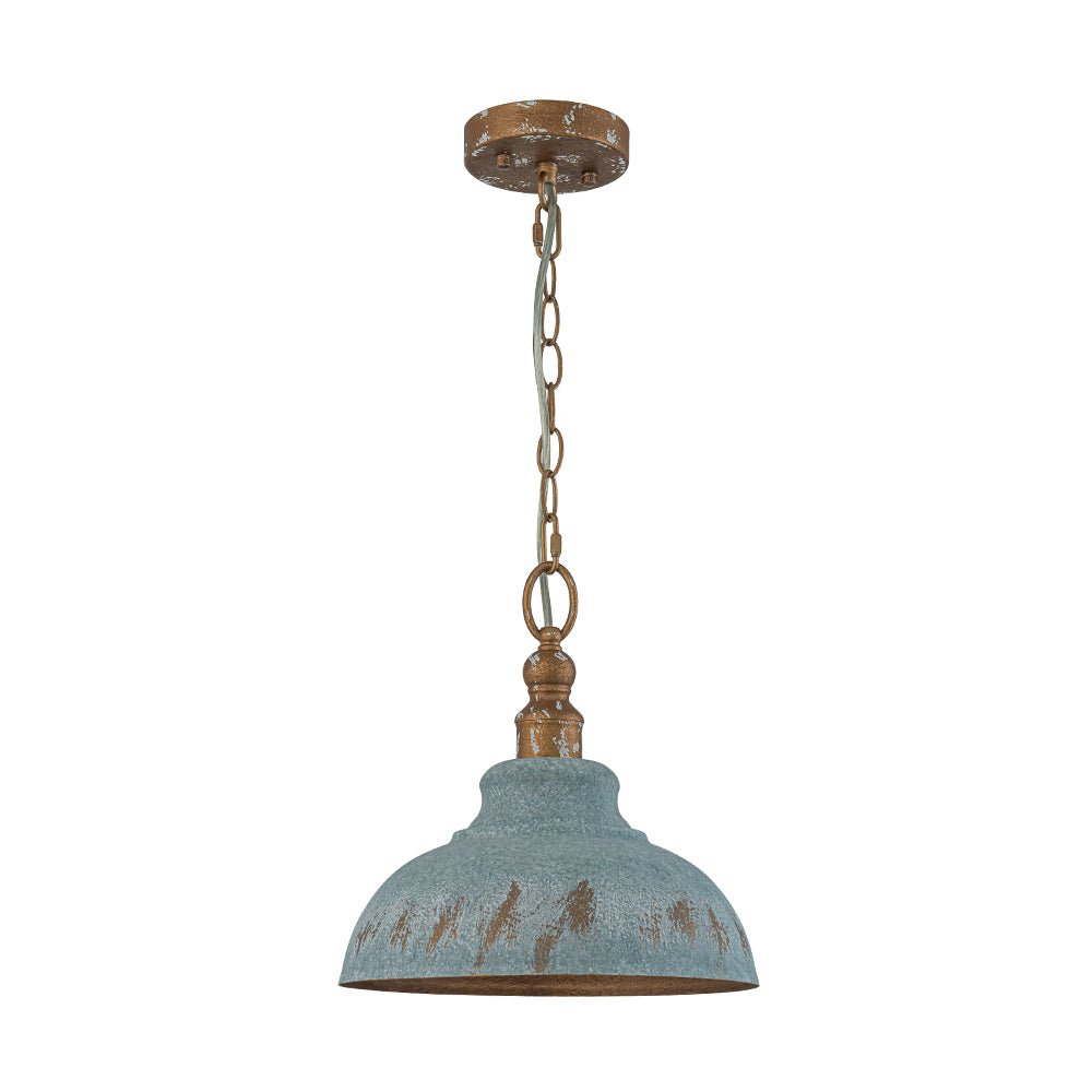 LightfixturesUAE-1-Light Rustic Aged Patina Iron Peacock Blue Dome Pendant Light-Pendant Lights-Small-