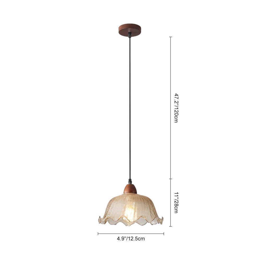 LightfixturesUAE-1-Light Vintage Amber Crackle Glass Lotus Leaf Ash Wood Pendant Light-Pendant Lights-Amber-