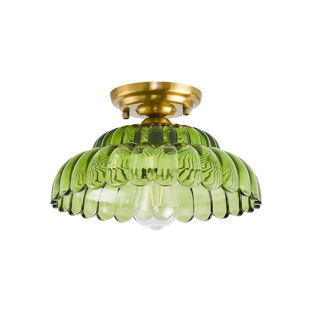 LightfixturesUAE-1-Light Vintage Green Striped Glass Double-Layer Floral Semi Flush Mount-Ceiling Lights-Green-