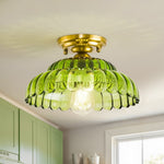 LightfixturesUAE-1-Light Vintage Green Striped Glass Double-Layer Floral Semi Flush Mount-Ceiling Lights-Green-