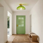 LightfixturesUAE-1-Light Vintage Green Striped Glass Double-Layer Floral Semi Flush Mount-Ceiling Lights-Green-