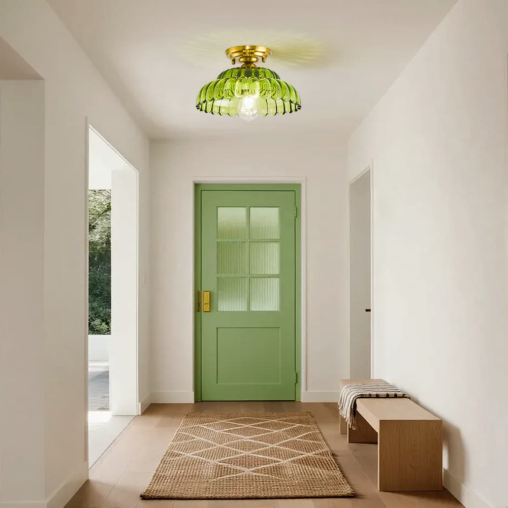 LightfixturesUAE-1-Light Vintage Green Striped Glass Double-Layer Floral Semi Flush Mount-Ceiling Lights-Green-