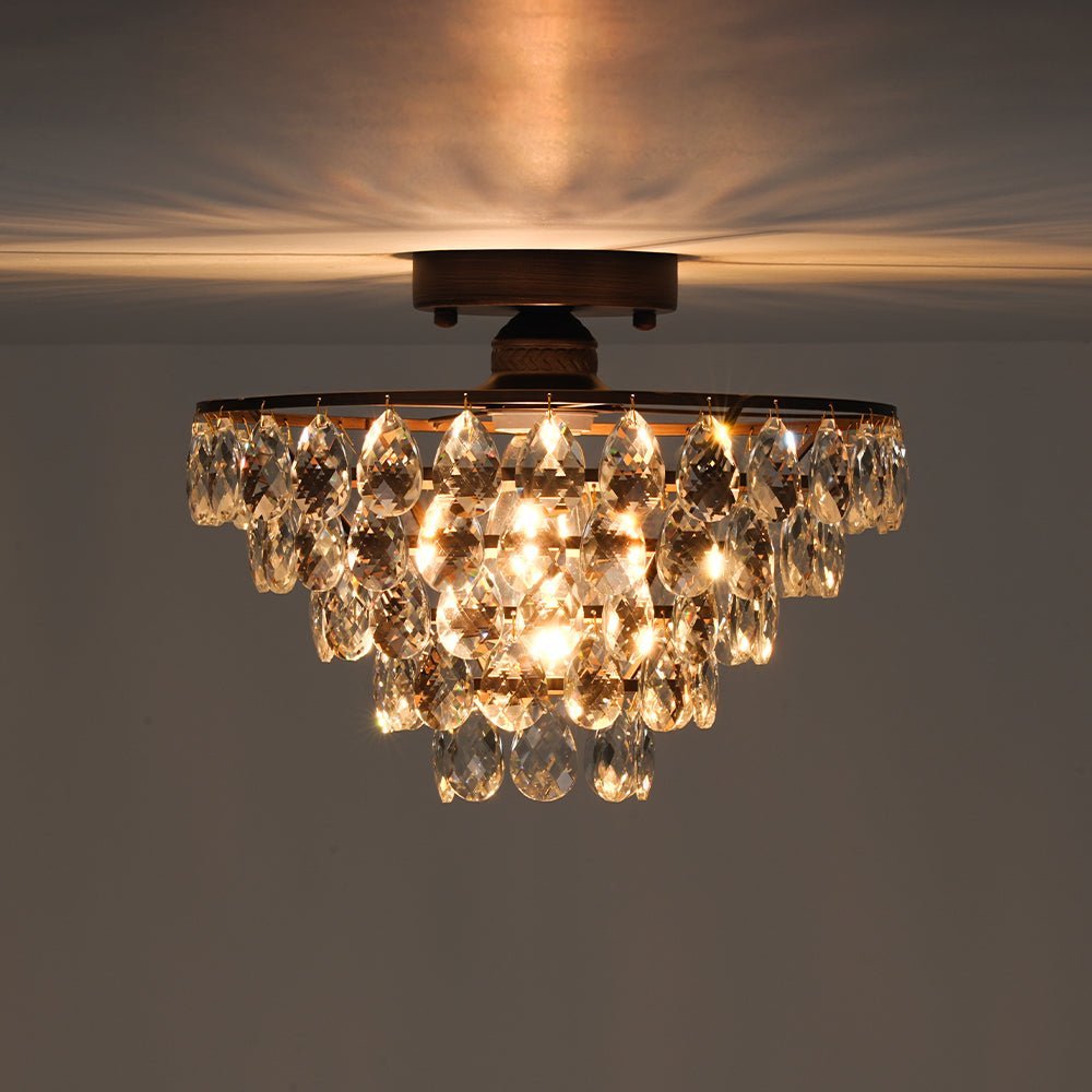 LightfixturesUAE-1-Light Vintage Pyramid-Shape Teardrop Crystal Semi Flush Mount Ceiling Light-Ceiling Lights-Bronze-