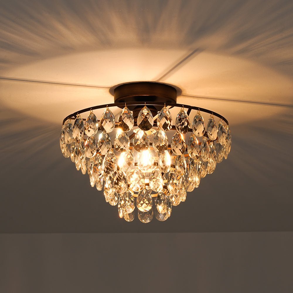 LightfixturesUAE-1-Light Vintage Pyramid-Shape Teardrop Crystal Semi Flush Mount Ceiling Light-Ceiling Lights-Bronze-