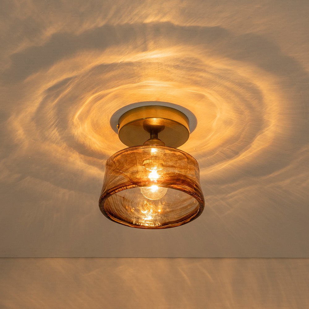 LightfixturesUAE-1-Light Vintage Retro Smoky Swirl Amber Glass Semi-Flush Ceiling Light-Ceiling Lights-Amber-