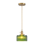 LightfixturesUAE-1-Light Vintage Ribbed Glass Brushed Brass Drum Pendant Light-Pendant Lights-Transparent-