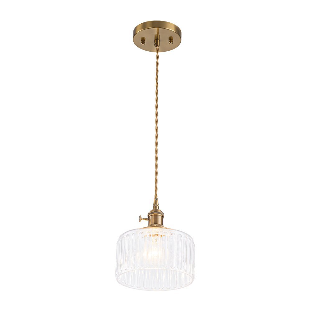 LightfixturesUAE-1-Light Vintage Ribbed Glass Brushed Brass Drum Pendant Light-Pendant Lights-Transparent-