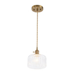 LightfixturesUAE-1-Light Vintage Ribbed Glass Brushed Brass Drum Pendant Light-Pendant Lights-Transparent-