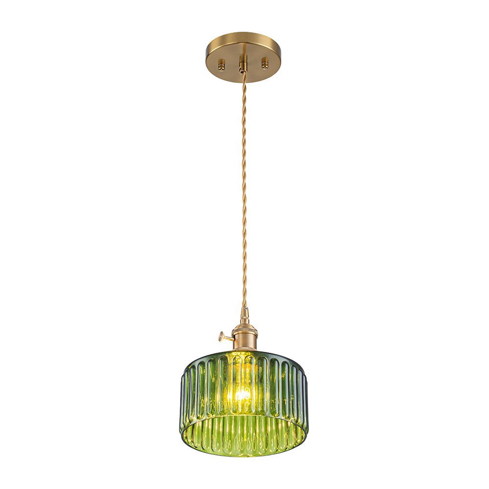 LightfixturesUAE-1-Light Vintage Ribbed Glass Brushed Brass Drum Pendant Light-Pendant Lights-Transparent-