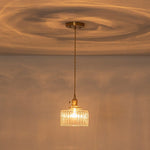 LightfixturesUAE-1-Light Vintage Ribbed Glass Brushed Brass Drum Pendant Light-Pendant Lights-Transparent-