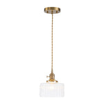LightfixturesUAE-1-Light Vintage Ribbed Glass Brushed Brass Drum Pendant Light-Pendant Lights-Transparent-