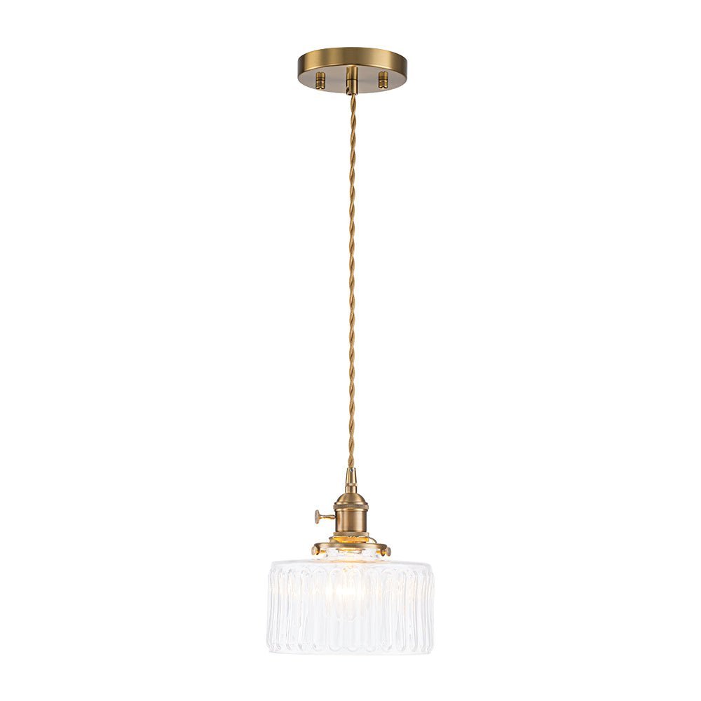LightfixturesUAE-1-Light Vintage Ribbed Glass Brushed Brass Drum Pendant Light-Pendant Lights-Transparent-