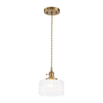 LightfixturesUAE-1-Light Vintage Ribbed Glass Brushed Brass Drum Pendant Light-Pendant Lights-Transparent-