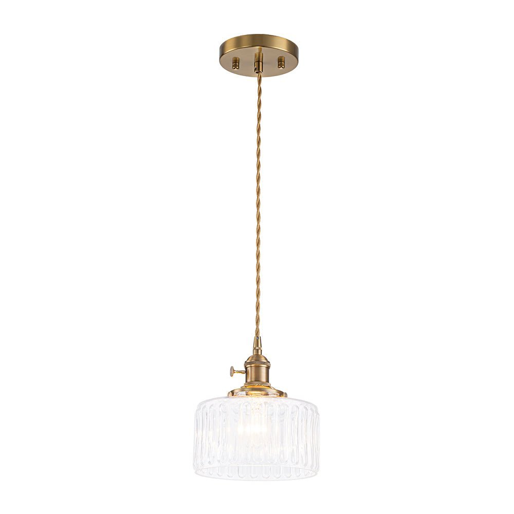 LightfixturesUAE-1-Light Vintage Ribbed Glass Brushed Brass Drum Pendant Light-Pendant Lights-Transparent-