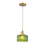 LightfixturesUAE-1-Light Vintage Ribbed Glass Brushed Brass Drum Pendant Light-Pendant Lights-Transparent-