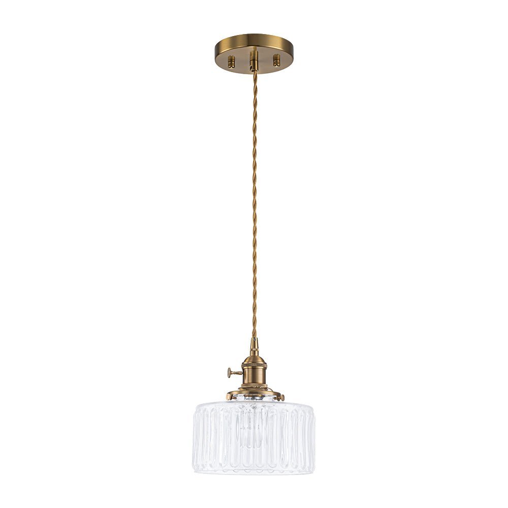 LightfixturesUAE-1-Light Vintage Ribbed Glass Brushed Brass Drum Pendant Light-Pendant Lights-Transparent-