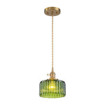 LightfixturesUAE-1-Light Vintage Ribbed Glass Brushed Brass Drum Pendant Light-Pendant Lights-Transparent-