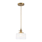 LightfixturesUAE-1-Light Vintage Ribbed Glass Brushed Brass Drum Pendant Light-Pendant Lights-Transparent-